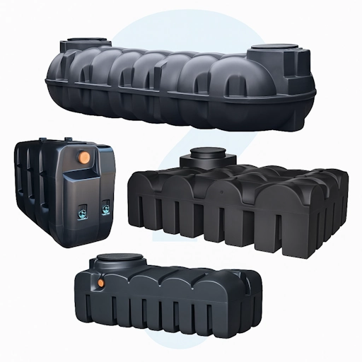 Différents modèles de citerne eau de pluie enterrée en plastique, présentés côte à côte : cuves plates, compactes et rondes pour le stockage souterrain.