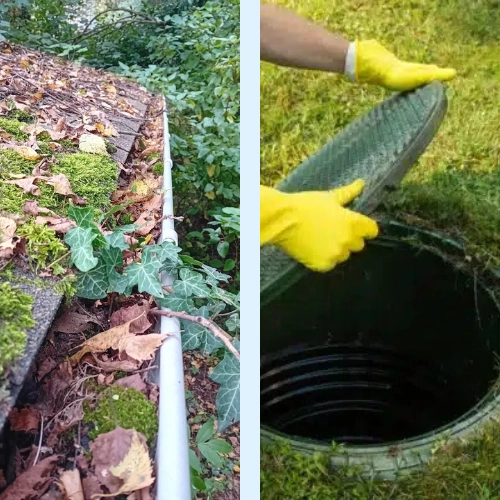 Visuel montrant une gouttière sale et une personne ouvrant une citerne : les étapes clés pour un bon nettoyage de la citerne eau de pluie