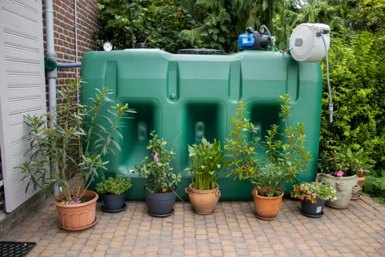 Installation d’une citerne eau de pluie de 3000 litres dans un jardin privé, avec pompe et raccordement aux descentes pluviales.