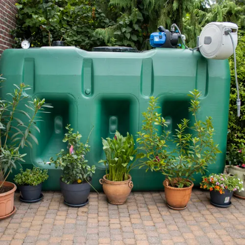 Citerne eau de pluie extérieure rectangulaire avec pompe, installée dans un jardin et entourée de plantes en pots.