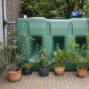 Citerne aérienne reliée à un filtre eau de pluie pour usage domestique et arrosage de jardin.