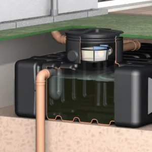 Filtre eau de pluie pour citerne souterraine avec panier inox amovible, conçu pour une filtration efficace et un entretien facile.