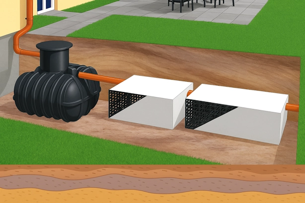 Illustration d’un puit perdu eaux pluviales installé sous terre, relié à une citerne de récupération d’eau de pluie