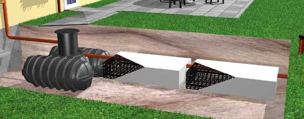 Illustration d’un puits d'infiltration en plastique relié à une citerne, idéal pour évacuer les eaux de pluie dans le sol de manière durable.