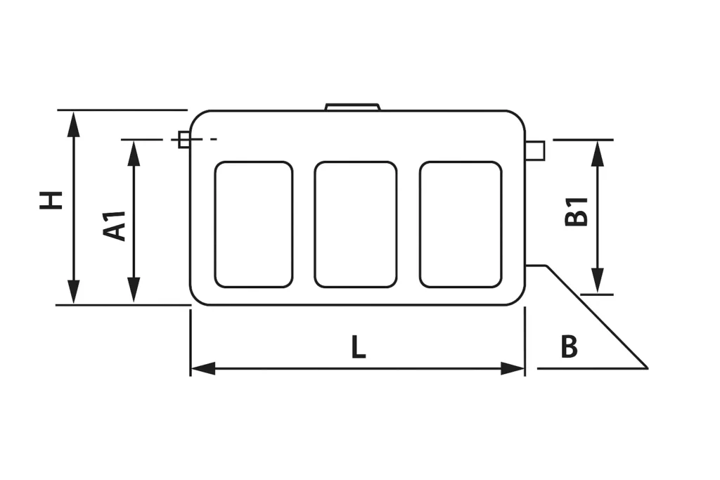 Schéma technique citerne à eau de pluie enterrée rectangulaire avec dimensions L, H, A1, B, B1